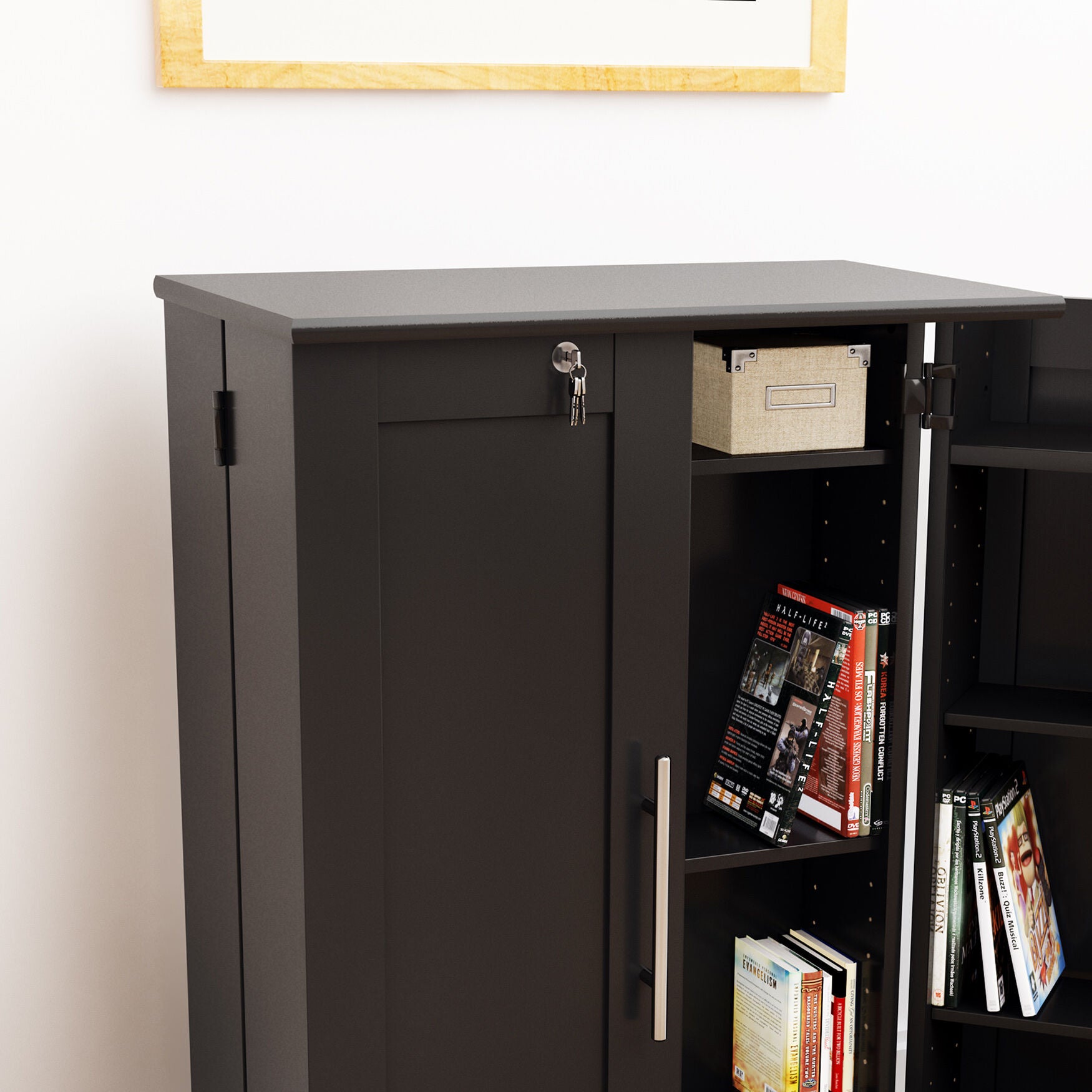 Locking Media Storage Cabinet with Shaker Doors, BLACK, hi-res image number 0