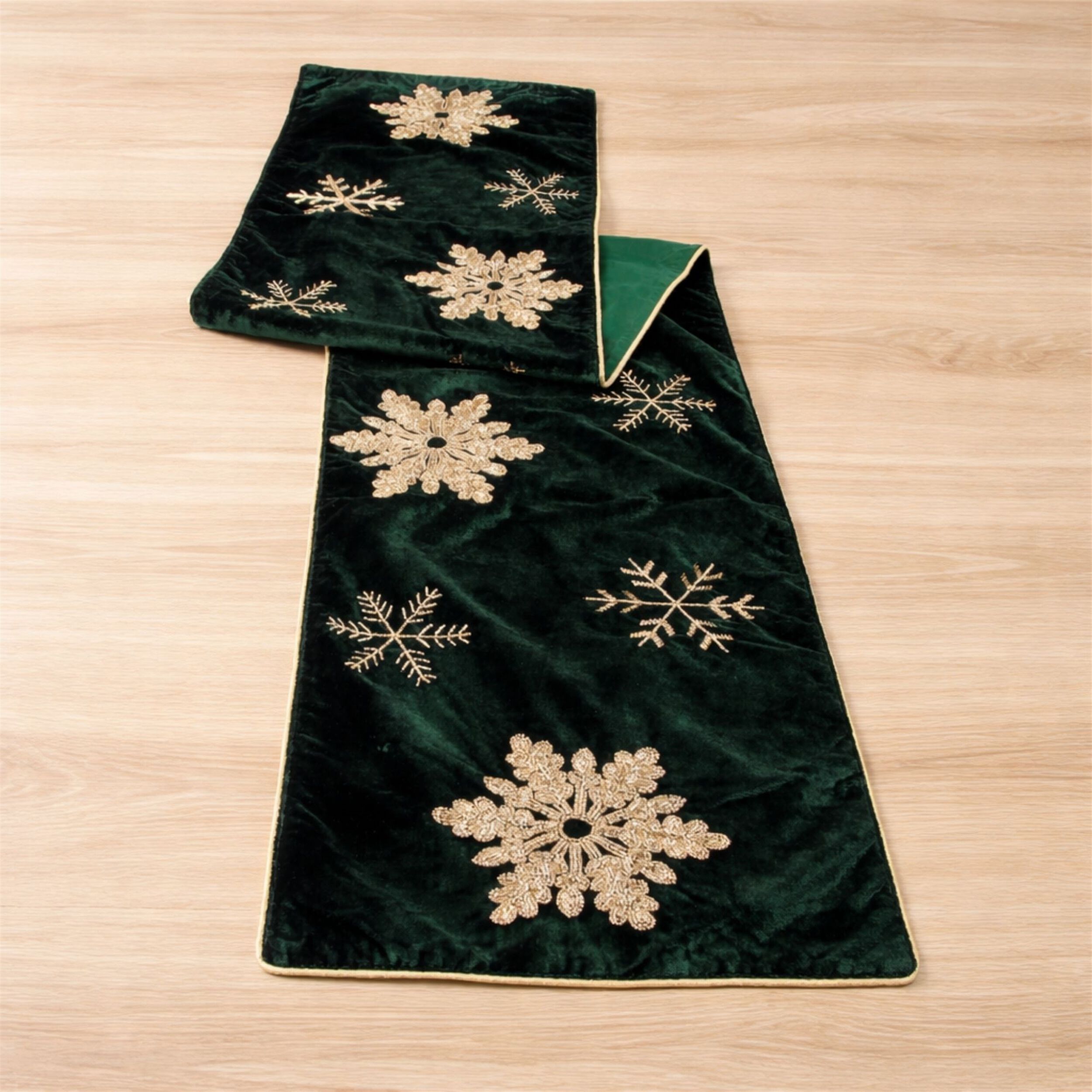 Embroidered Snowflake Table Runner 72 inchesL, GREEN GOLD, alternate image number 2