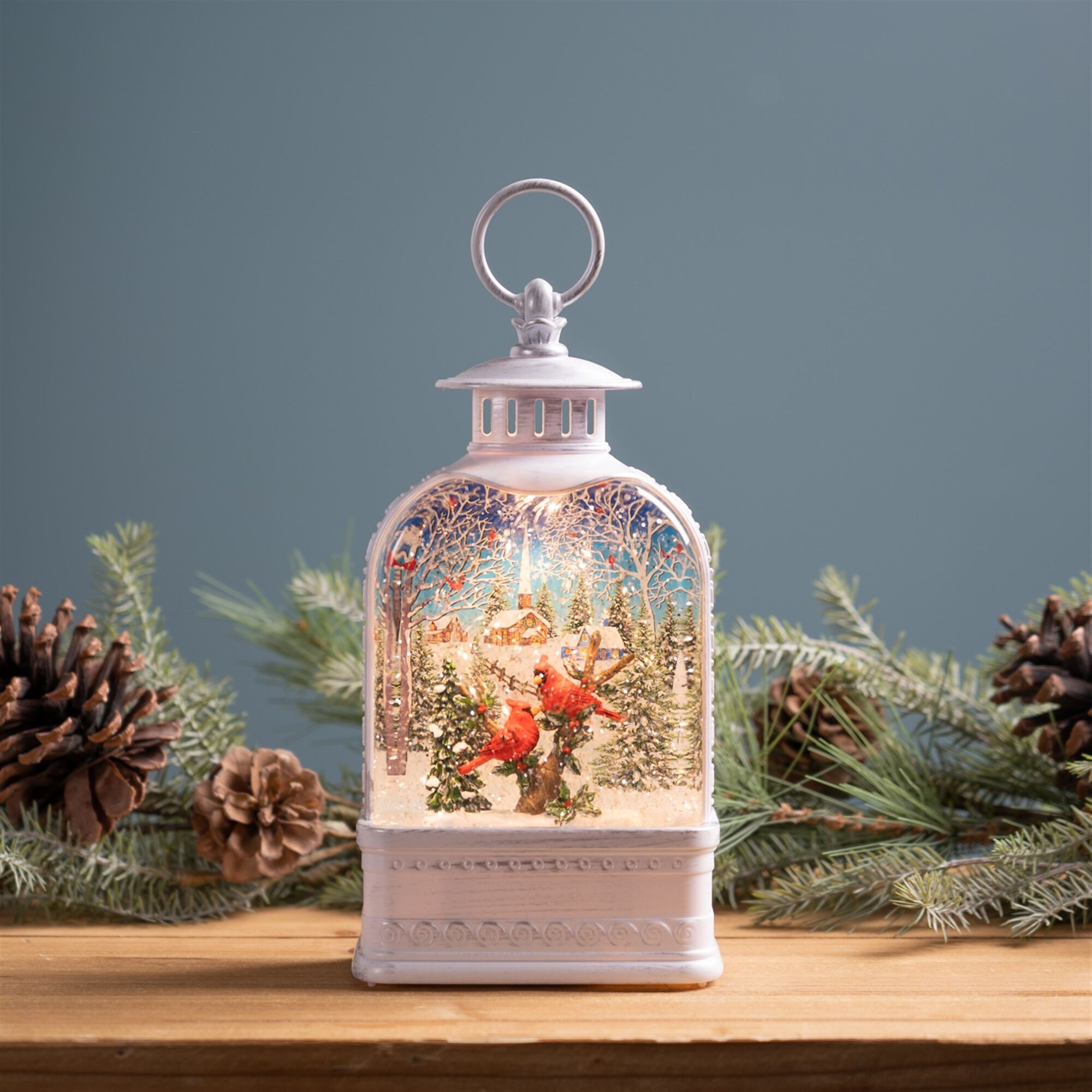 LED Snow Globe Lantern with Cardinal Forest Scene 10.5 inchesH, WHITE RED GREEN, alternate image number 1