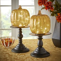 11"H x 6"Diam. Pre-Lit Mercury Glass Pumpkin on Metal Stand
