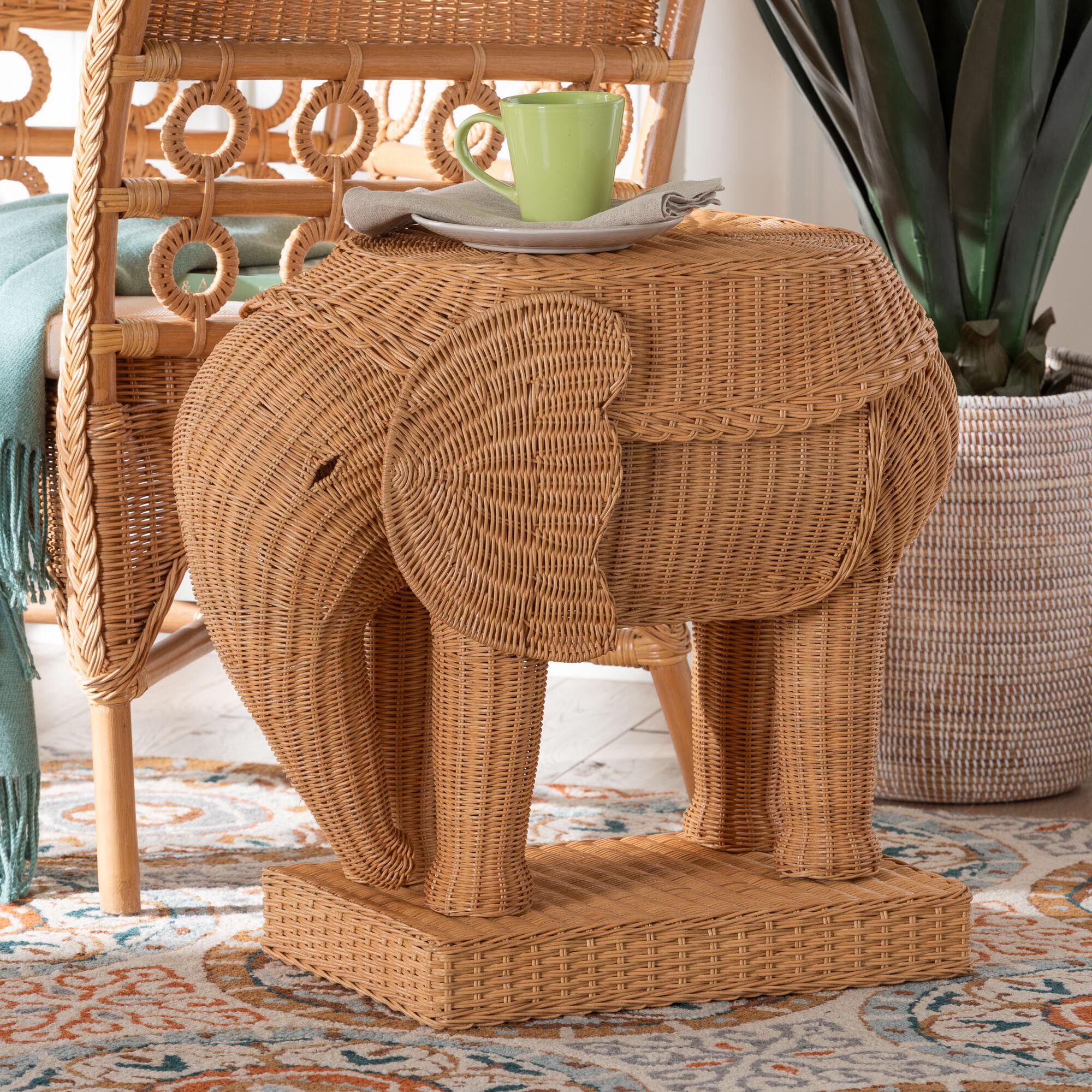 Elissa Bohemian Light Honey Rattan Elephant End Table, HONEY, hi-res image number 0