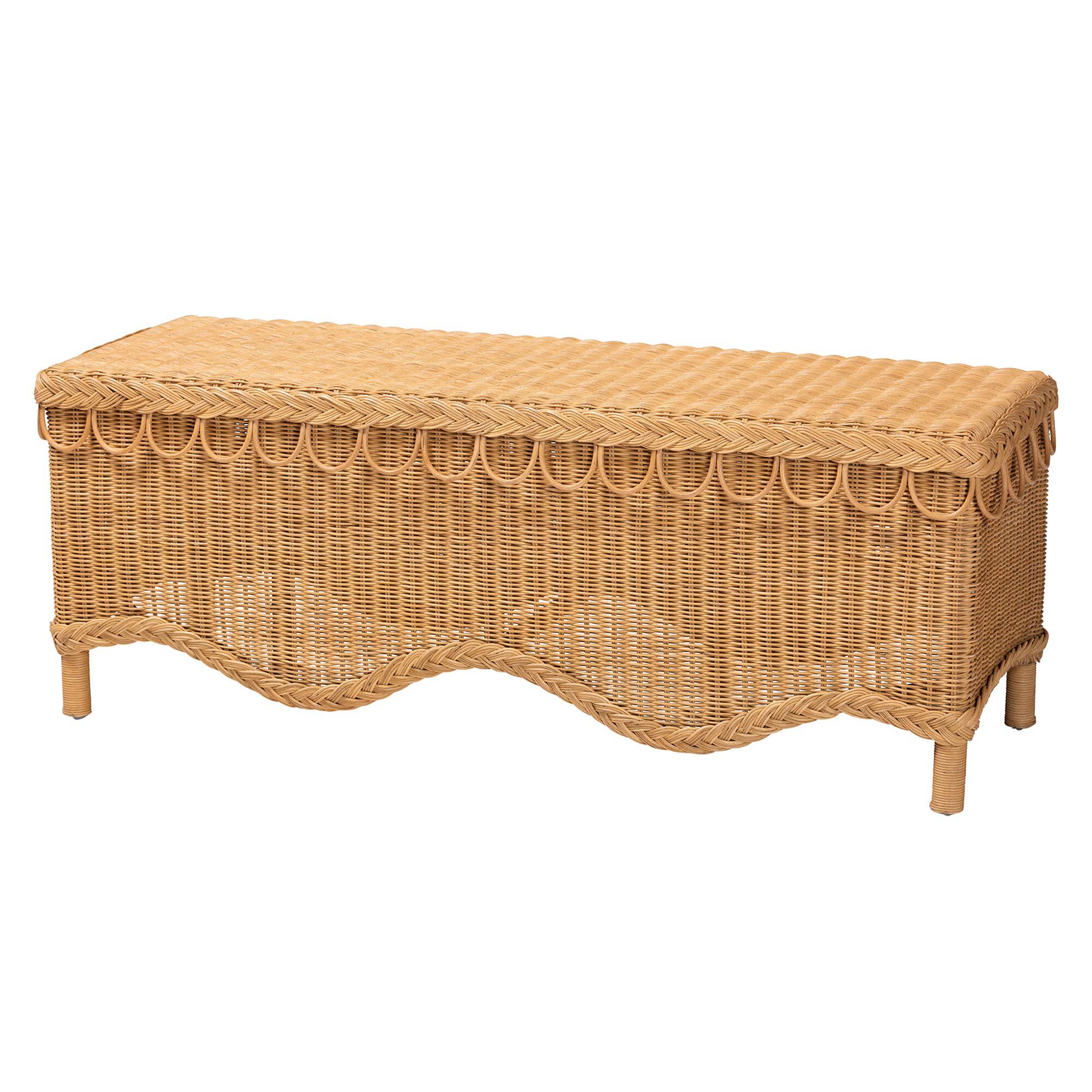 Erla Bohemian Light Honey Rattan Accent Bench with Scallop border, HONEY, alternate image number 1