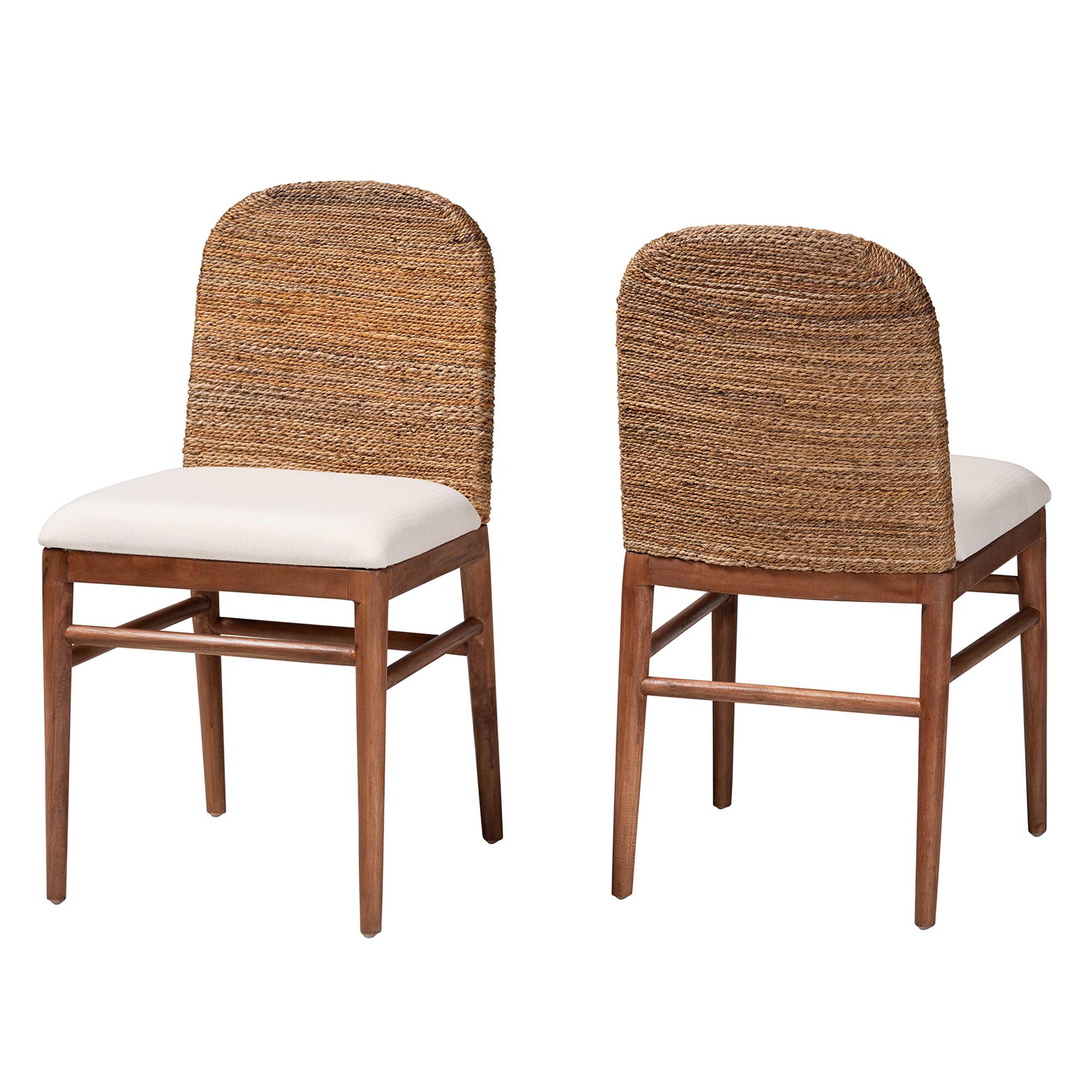Nadim Modern Bohemian Natural Seagrass and Acacia Wood 2-Piece Dining Chair Set, WHITE, alternate image number 2