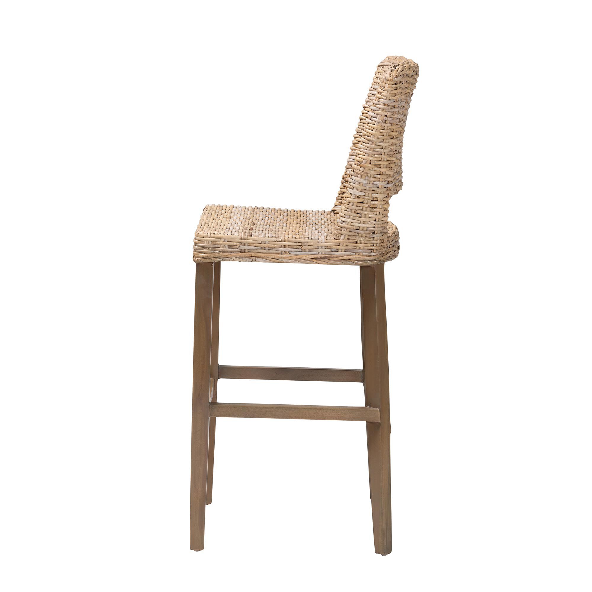 Magy Modern Bohemian Grey Kubu Rattan and Mahogany Wood Bar Stool, GREY, alternate image number 4