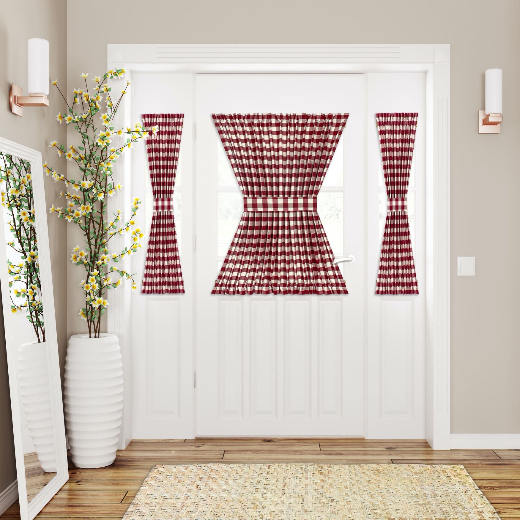 Buffalo Check Rod Pocket Door Panel And Tieback, BURGUNDY, hi-res image number 0