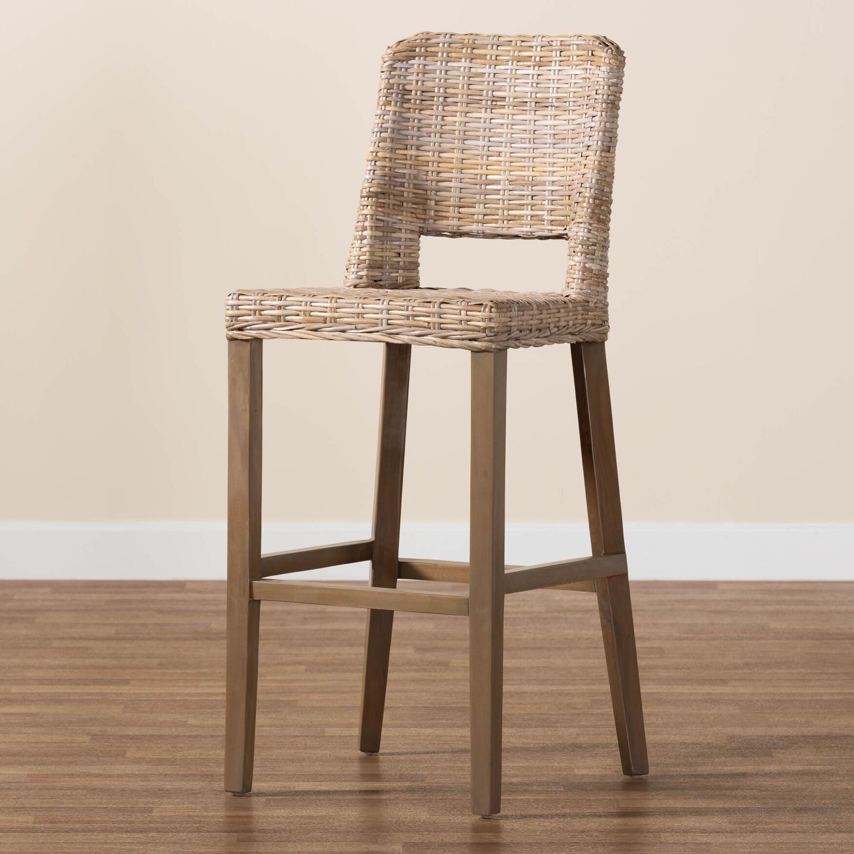 Magy Modern Bohemian Grey Kubu Rattan and Mahogany Wood Bar Stool, , alternate image number 13