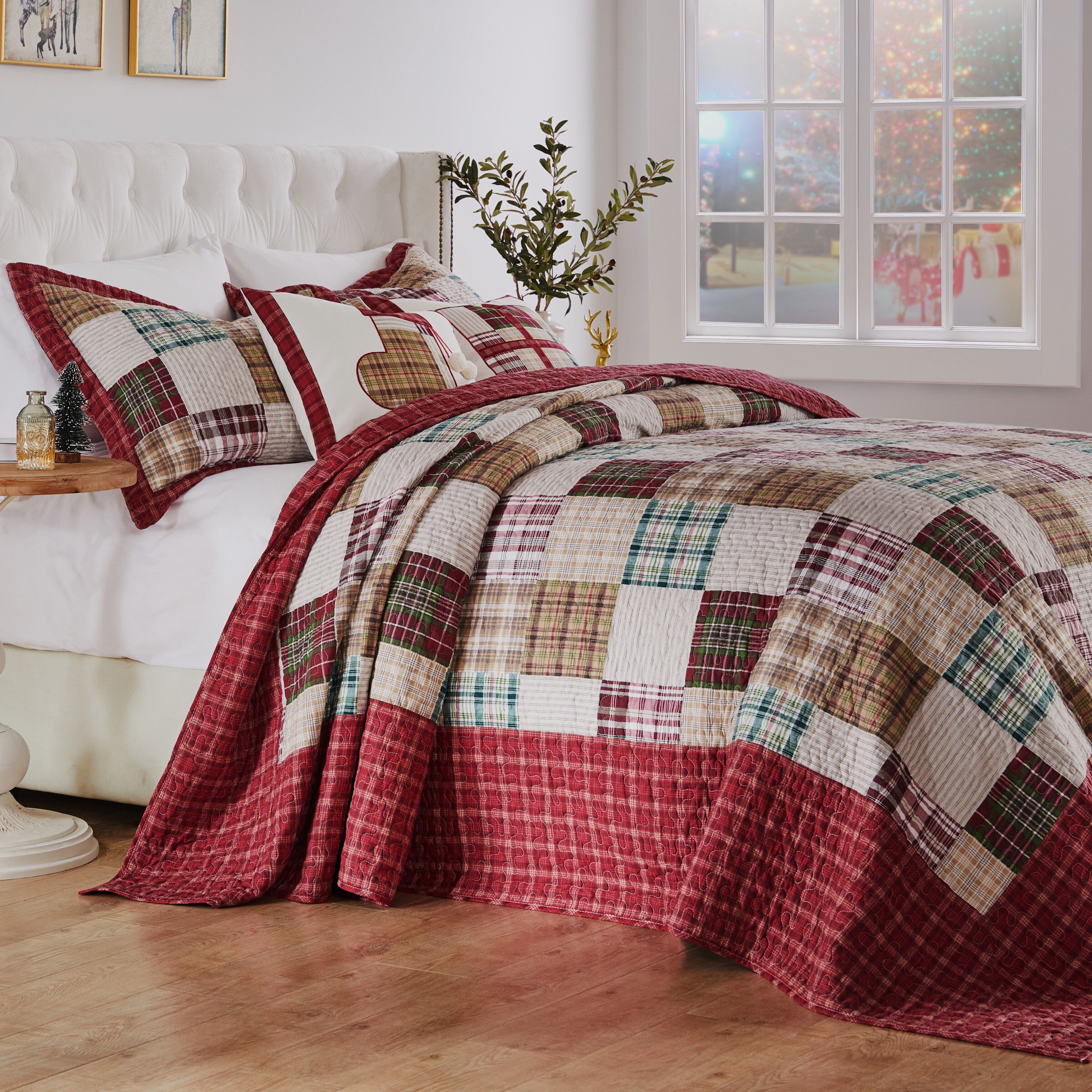 Oxford Reversible Cotton-Rich Bedspread Set, RED, hi-res image number 0