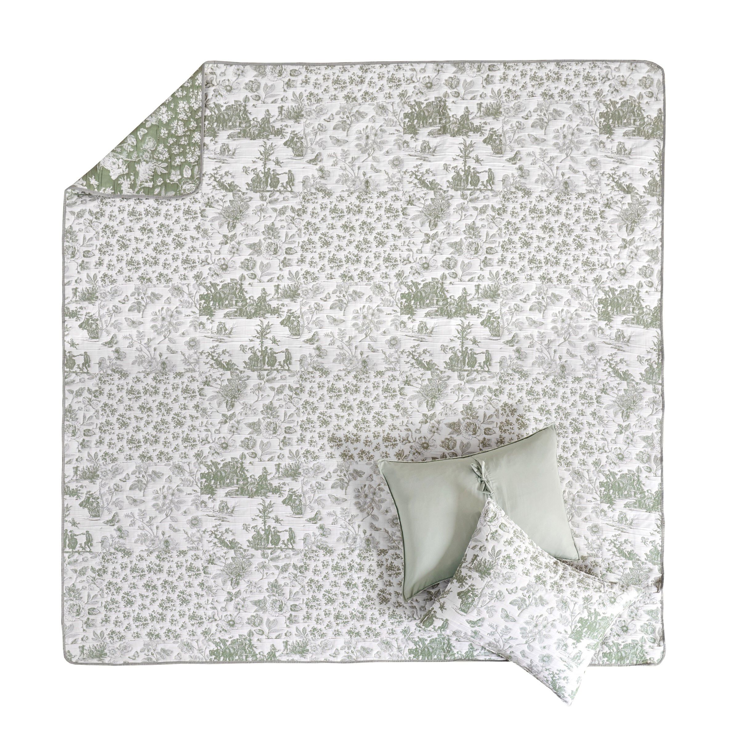 Patchwork Toile Classic Floral Coverlet Set, SAGE, alternate image number 3