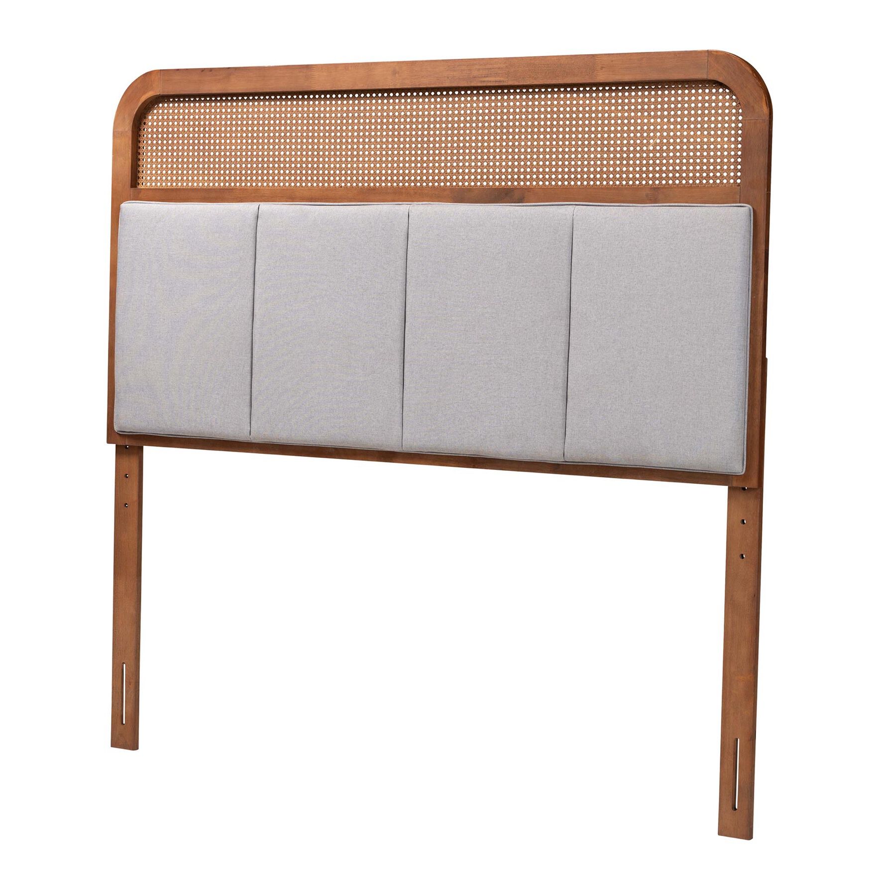 Esti Mid-Century Modern Light Grey Fabric And Ash Walnut Finished Wood King Size Headboard With Rattan, GREY ASH WALNUT, hi-res image number 0