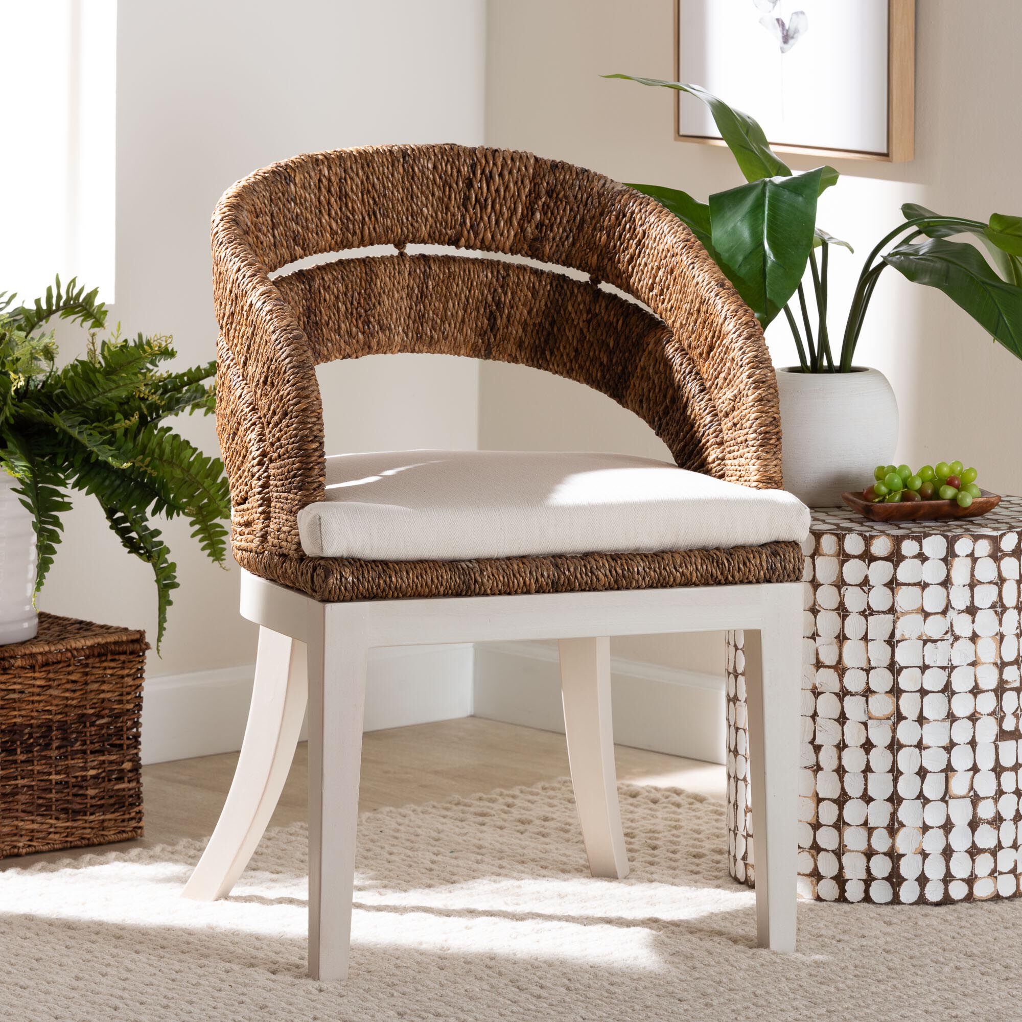 Ubud Bohemian Natural Seagrass and Mahogany Wood Dining Chair, NATURAL, hi-res image number 0