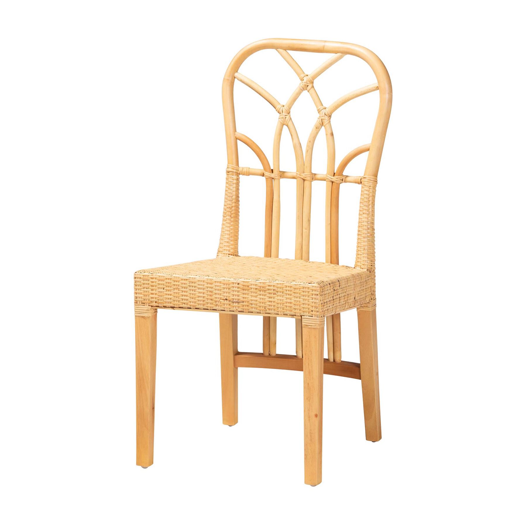 Monaco Modern Bohemian Oak Brown Finished Mahogany Wood And Natural Rattan Dining Chair, OAK BROWN, hi-res image number 0