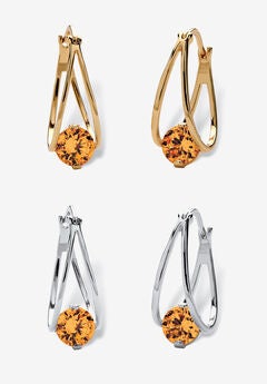 Silvertone 2 Pair Set Hoop Earrings (24x9mm) Round Simulated Blue