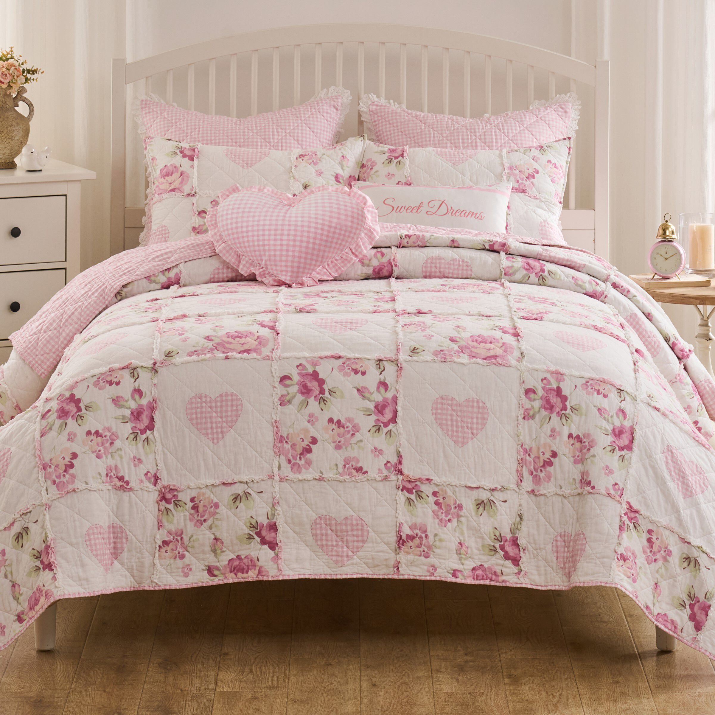 Veronica's Hearts Shabby Chic Ruffles Quilt Set, PINK, hi-res image number 0