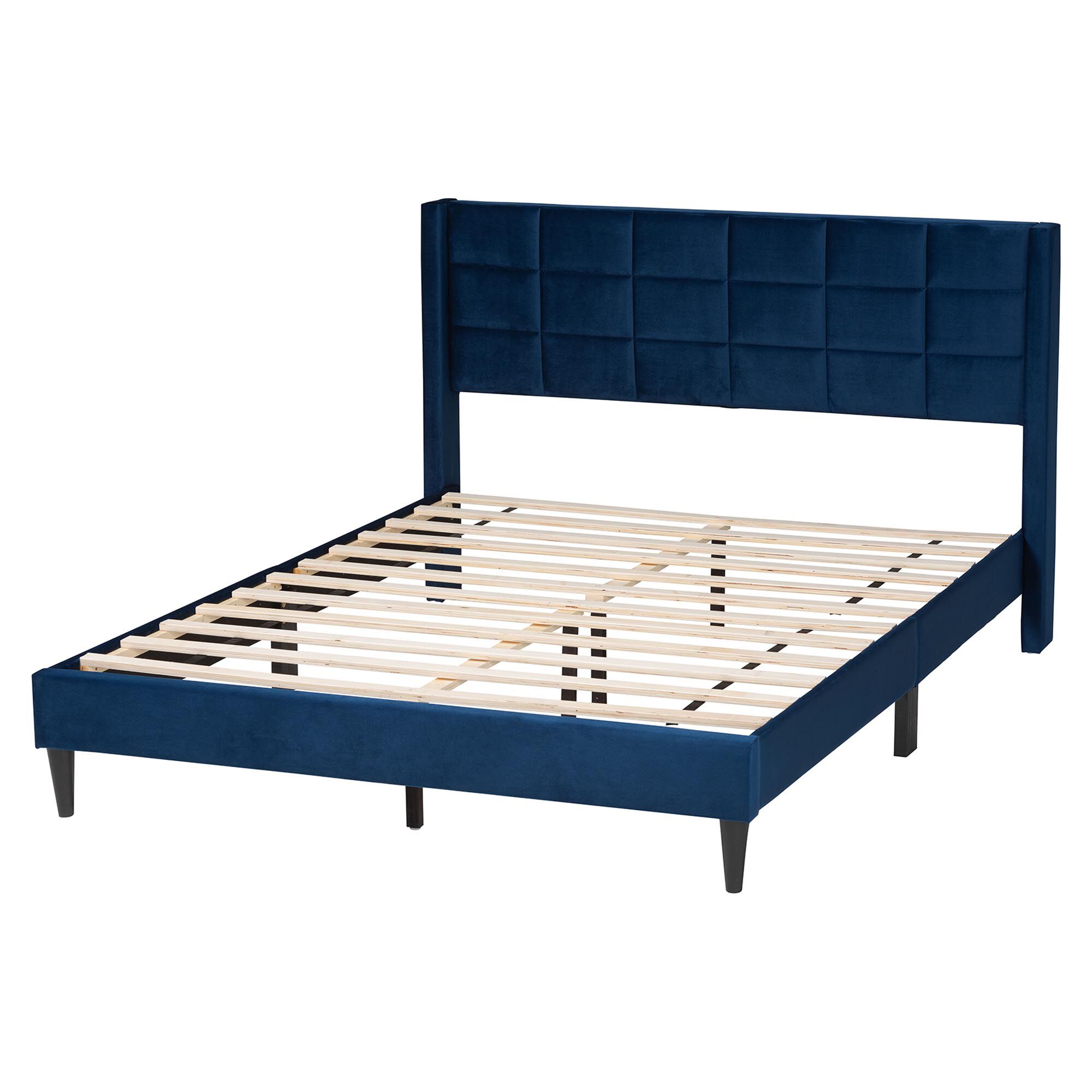 Baxton Studio Payne Modern Glam Grey Velvet and Dark Brown Wood Queen Bed, NAVY BLUE, alternate image number 3