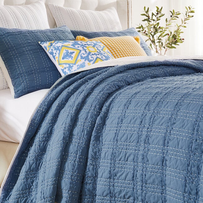 Portofino Finely Stitched Ruffled Quilt Set, Blue, 3-Piece King, BLUE, alternate image number 2