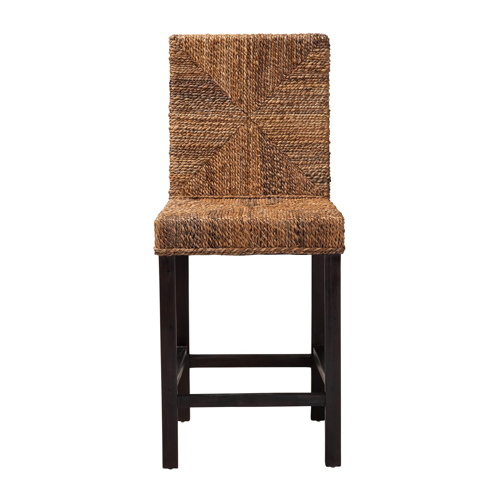 Laymi Modern Bohemian Dark Brown Mahogany Wood and Seagrass Counter Stool, BROWN, alternate image number 3