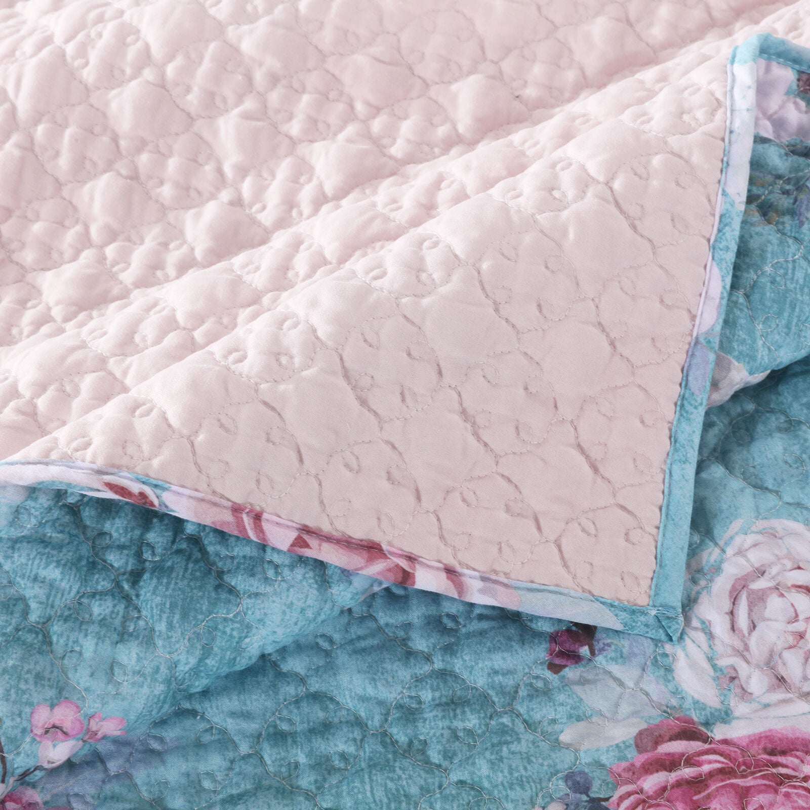 Avril Pastel Roses Quilted Throw Blanket, TURQUOISE BLUE, alternate image number 5