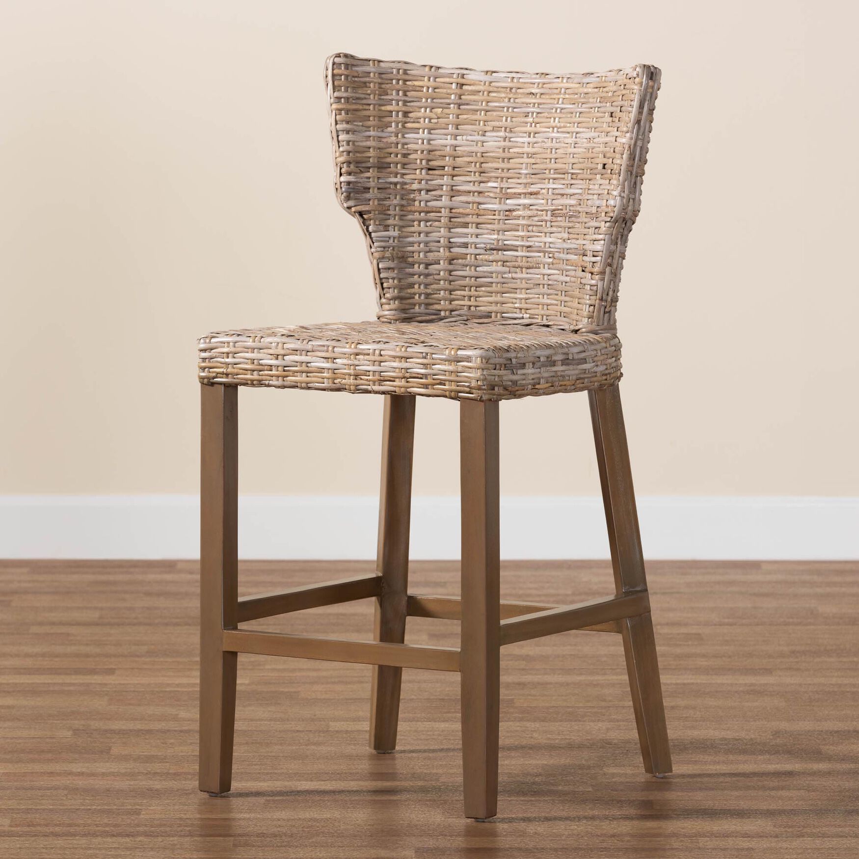Enver Modern Bohemian Grey Kubu Rattan And Mahogany Wood Counter Stool, , alternate image number 7
