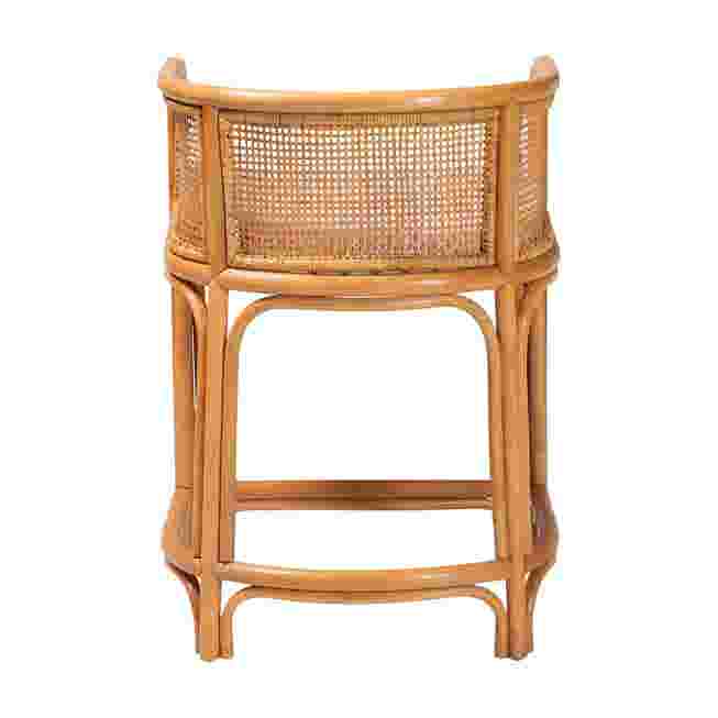 Natural rattan counter stool with woven back and white seat cushion
