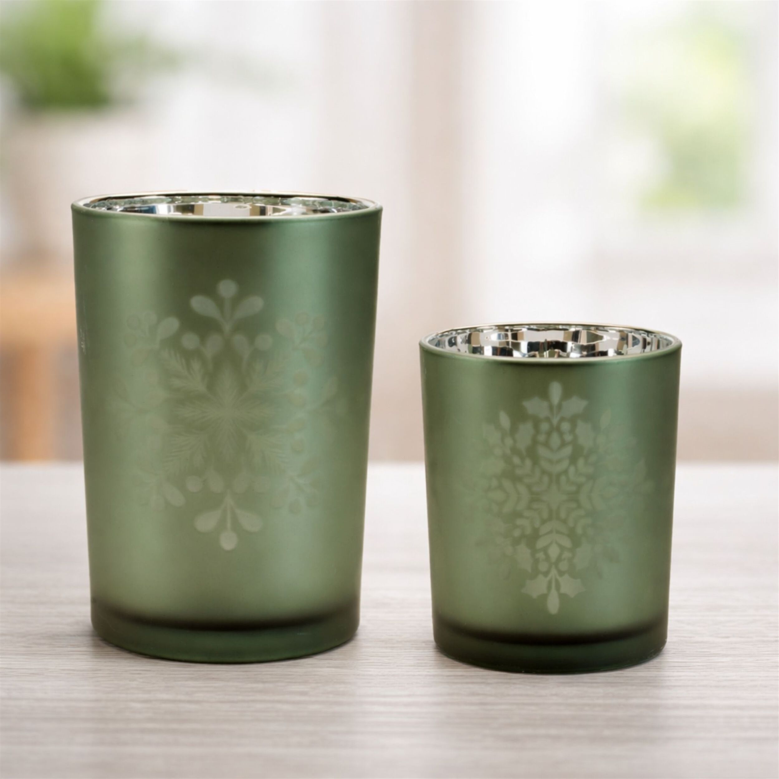 Frosted Snowflake Candle Holder (Set of 2), GREEN, alternate image number 1