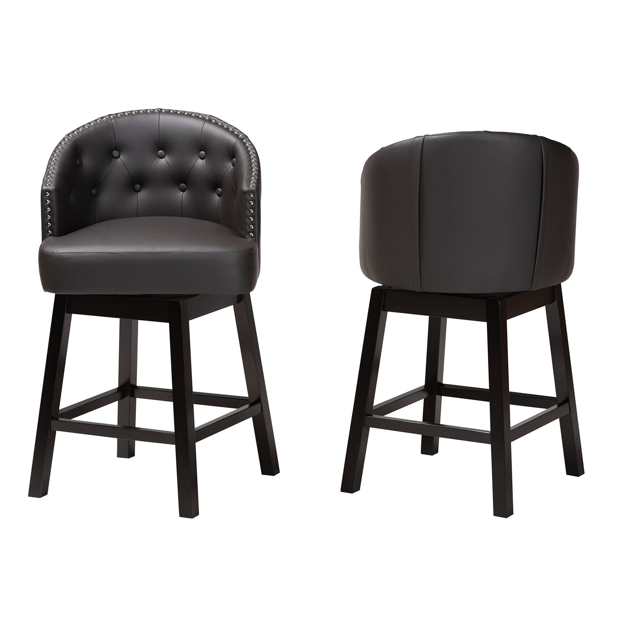 Theron Mid-Century Transitional Black Faux Leather and Espresso Brown Finished Wood 2-Piece Swivel Counter Stool Set, BROWN, alternate image number 9