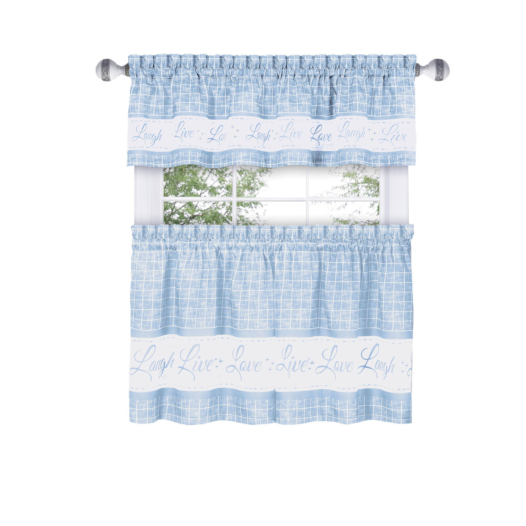 Live, Love, Laugh Window Curtain Tier Pair and Valance Set - 58x24, LIGHT BLUE, hi-res image number 0
