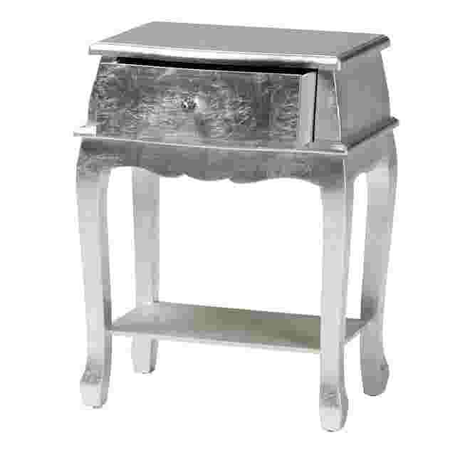 Silver finished wood nightstand with one drawer and a lower shelf