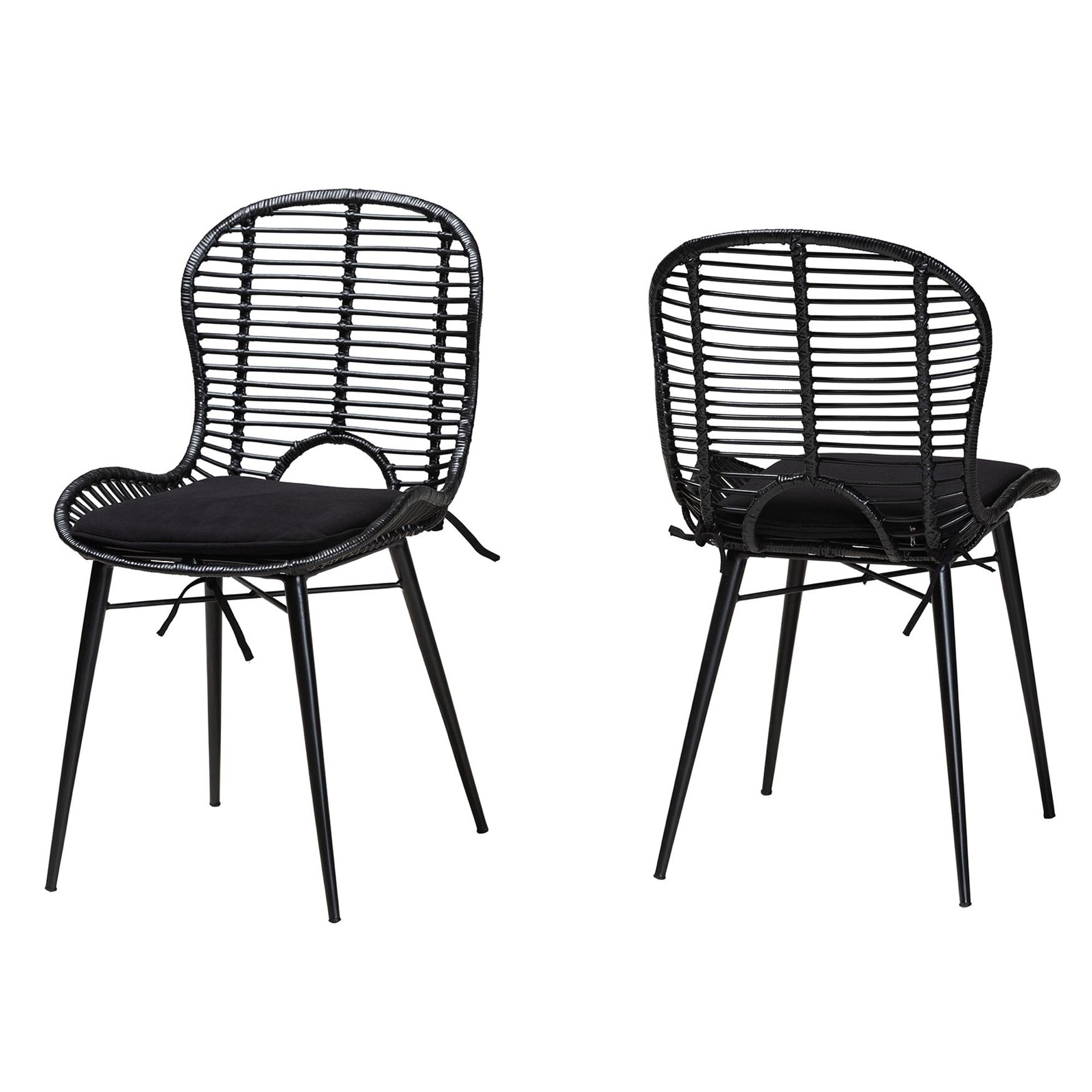 Brenna Modern Bohemian Greywashed Rattan And Black Metal Dining Chair, BLACK RATTAN, hi-res image number 0