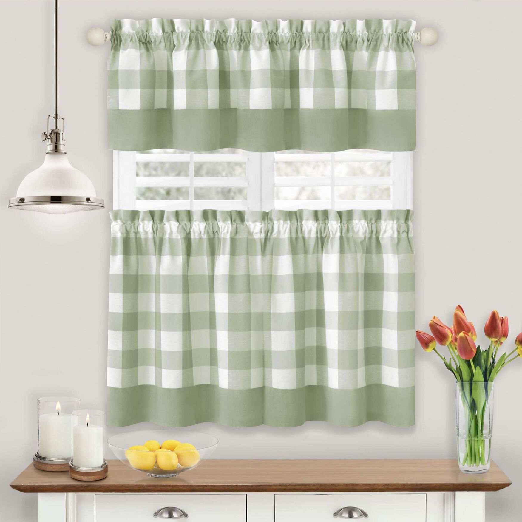Hunter Window Curtain Tier Pair And Valance Set, APPLE GREEN, hi-res image number 0