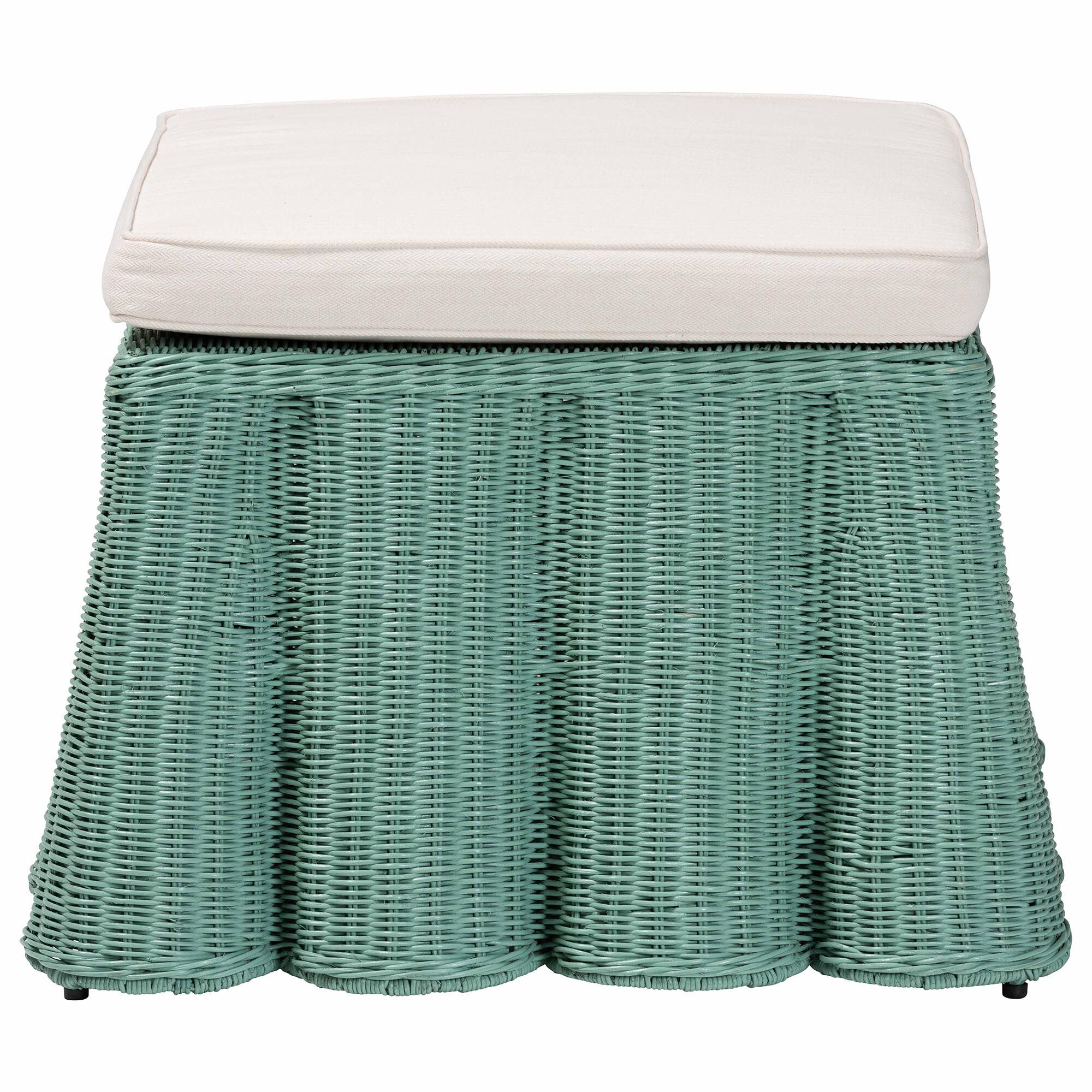 Palm Bohemian White Scallop Rattan Ottoman, GREEN, alternate image number 2