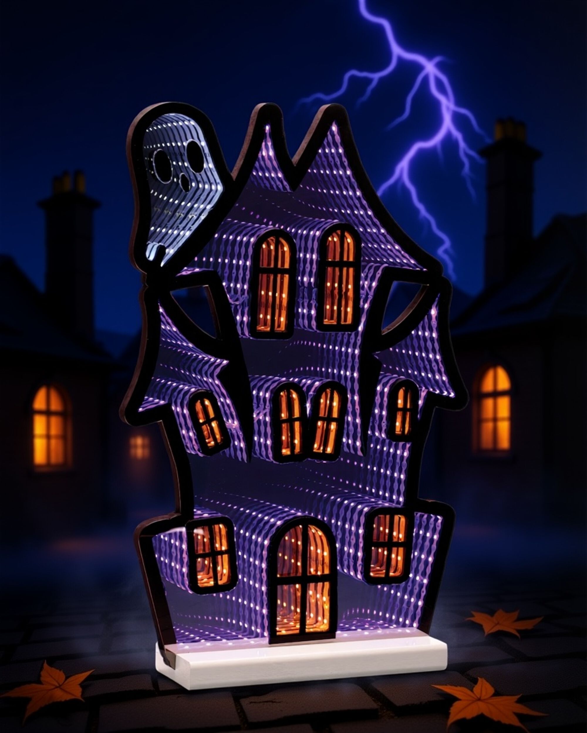 Haunted House w/Ghost Ekkolight 16 inchesH, PURPLE BLACK ORANGE, hi-res image number 0