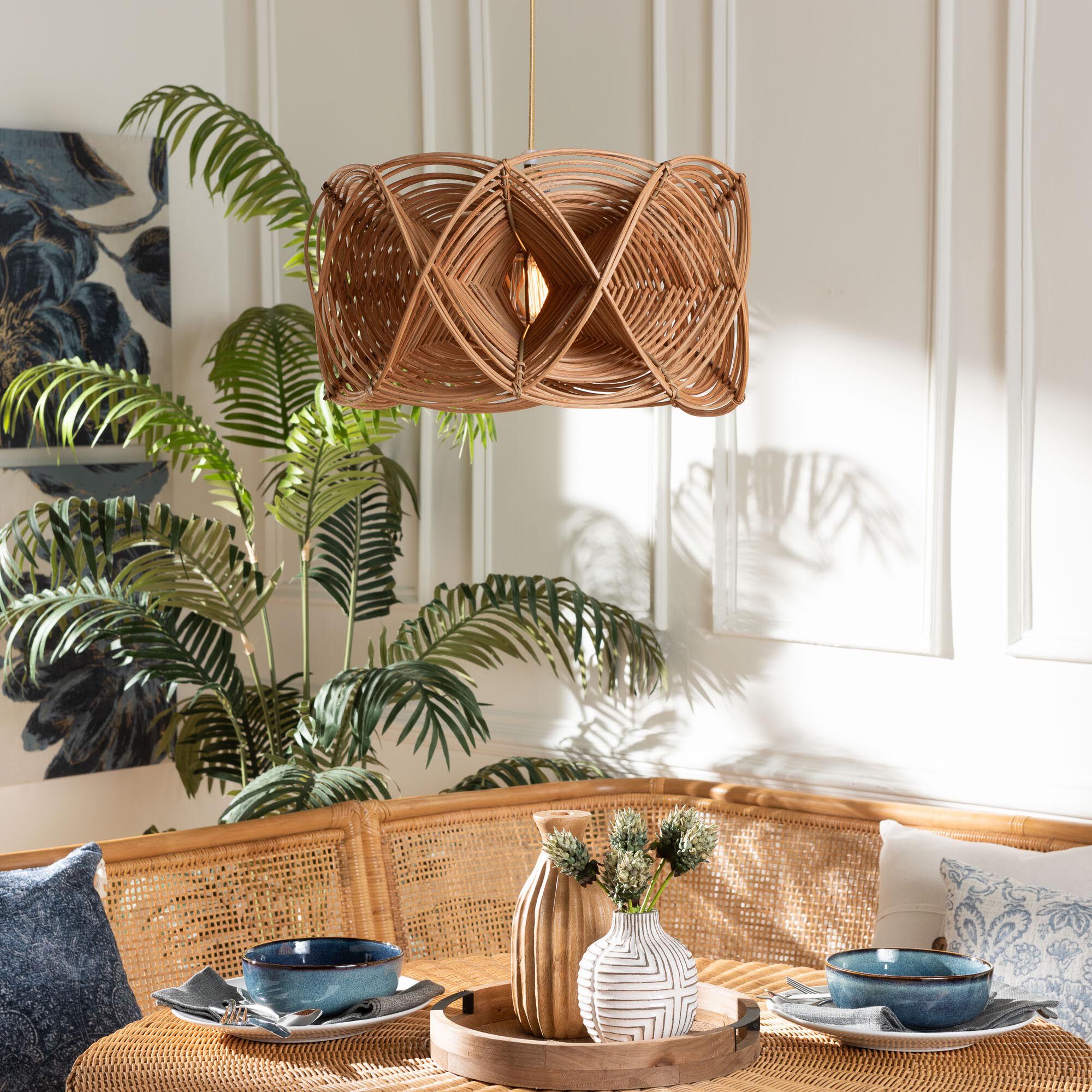 Jeneth Natural Rattan Pendant Lampshade - Coastal Boho Ceiling Light Cover with Handcrafted Geometric Design, BROWN, alternate image number 2