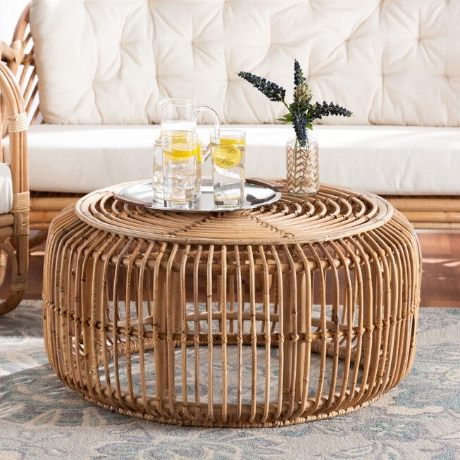 Aliane Modern Bohemian Natural Brown Antique Rattan Coffee Table, , alternate image number null