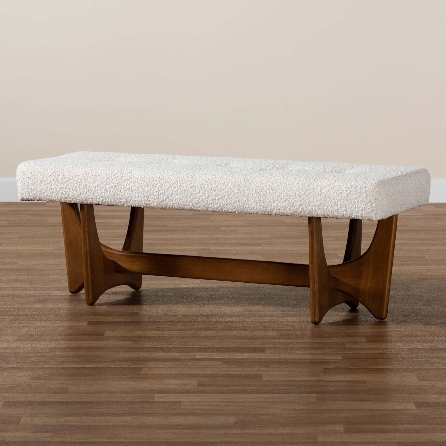 Theo Japandi Cream Boucle Fabric And Walnut Brown Finished Wood Bench, , alternate image number 5