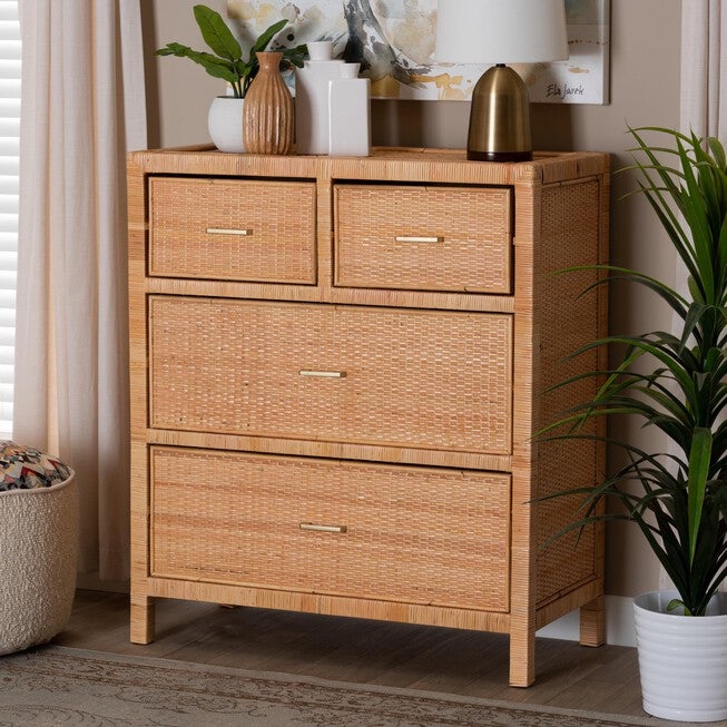 Vaere Modern Bohemian Natural Brown Rattan And Mahogany Wood Storage Cabinet, , alternate image number 6