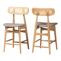 Tarana Mid-Century Modern Grey Fabric And Walnut Brown Finished Wood 2-Piece Counter Stool Set