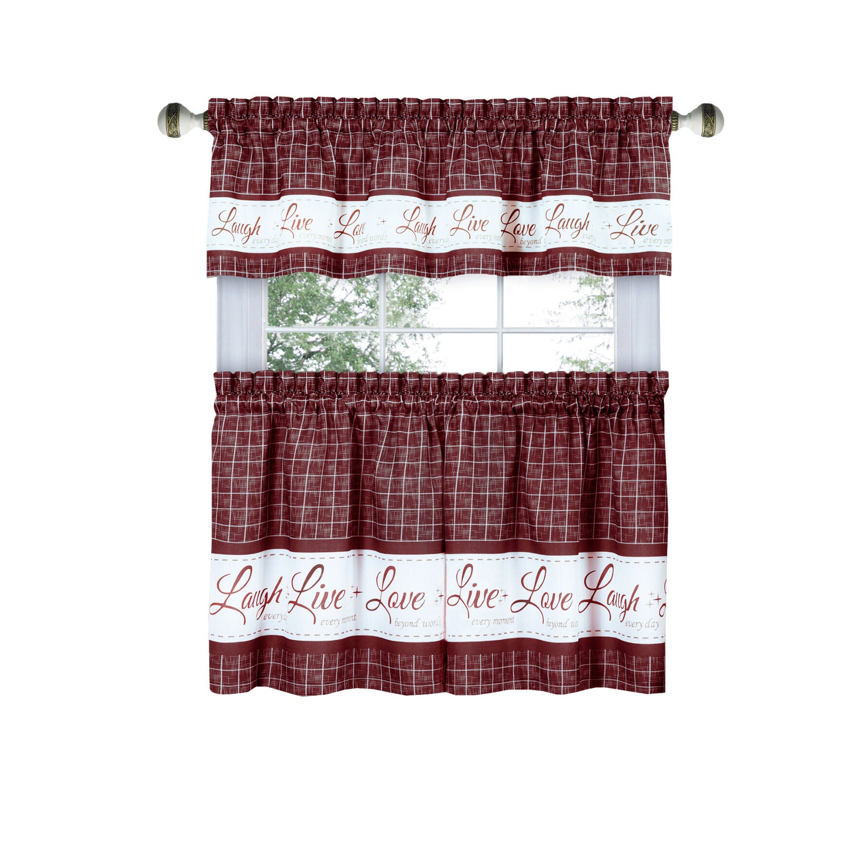 Live, Love, Laugh Window Curtain Tier Pair and Valance Set - 58x24, BURGUNDY, hi-res image number 0