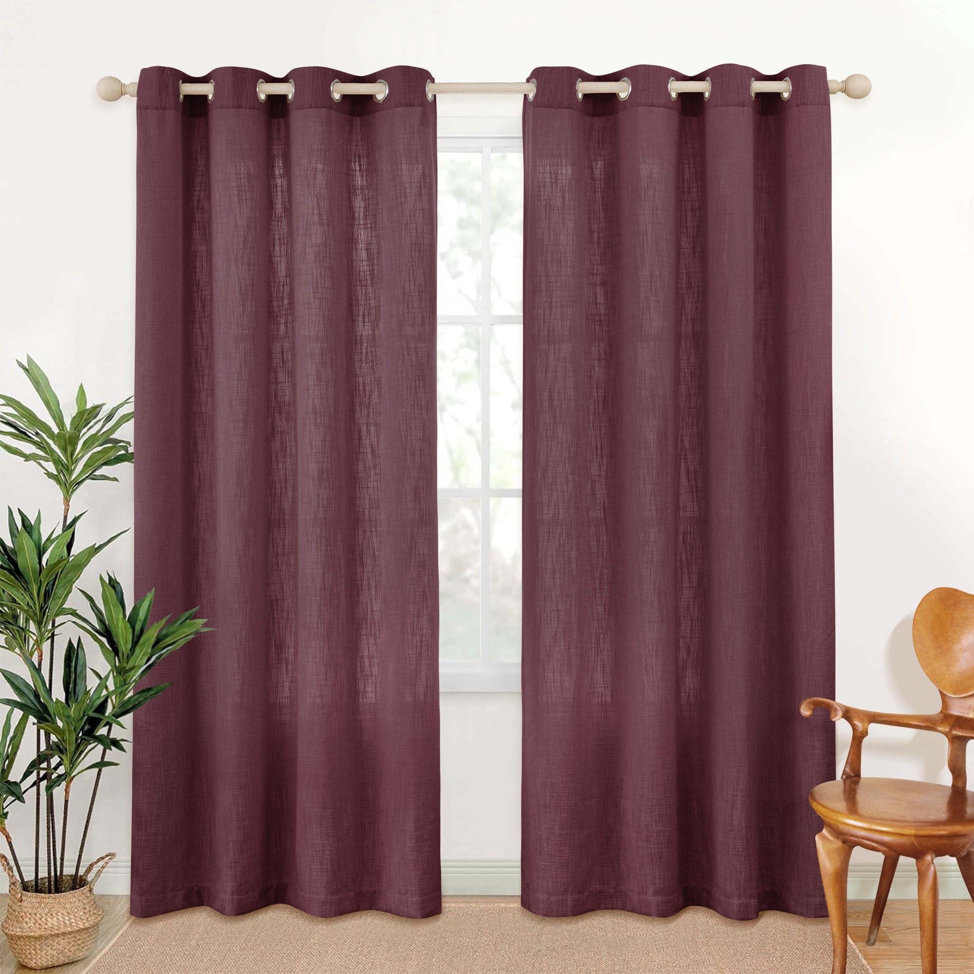 Slub Linen Texture Privacy and Light Filtering Grommet Pair, PURPLISH RED, hi-res image number 0