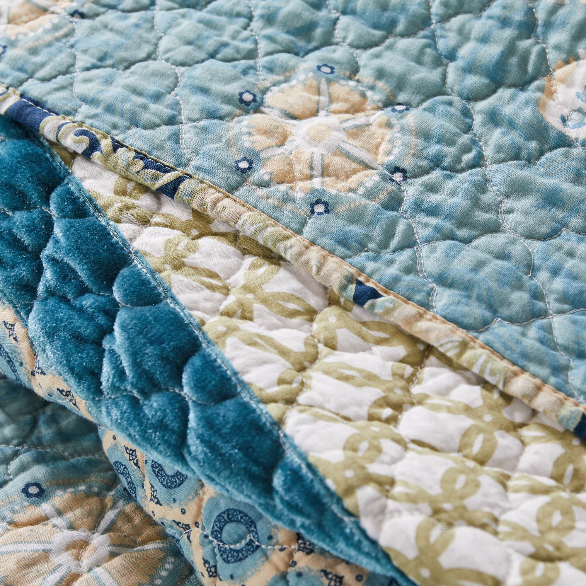 Thalia Bohemian Floral 100% Cotton Quilt Set, BLUE, alternate image number 3