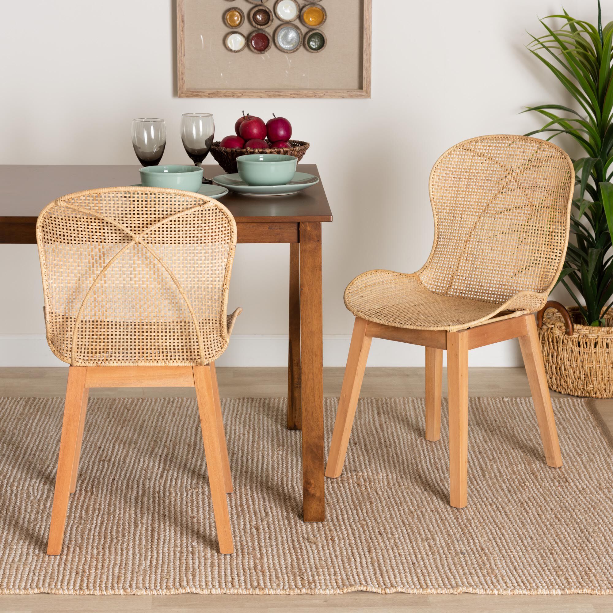 Sabelle Japandi Greywashed Rattan and Black Metal 2-Piece Dining Chair Set, NATURAL BROWN, hi-res image number 0