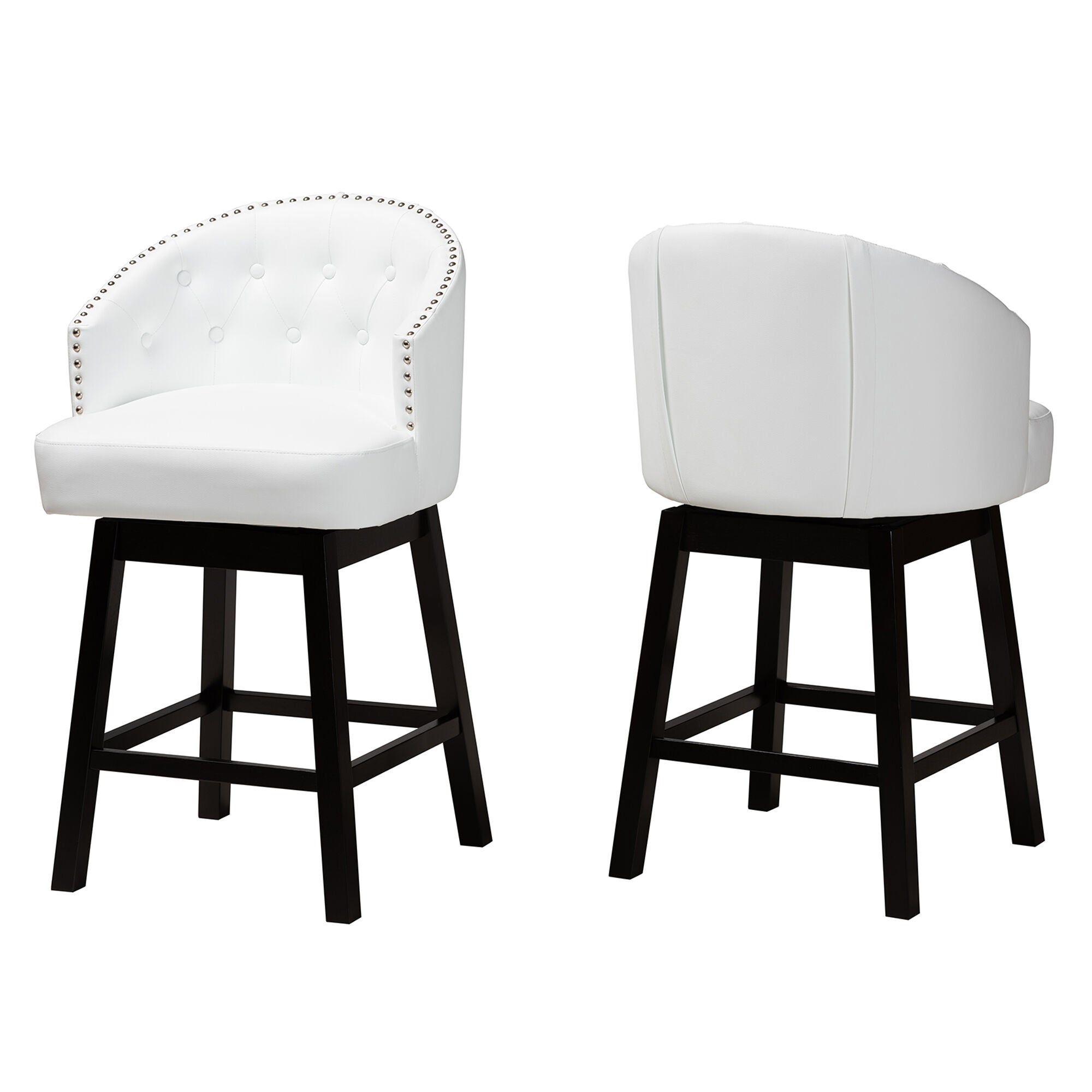 Theron Mid-Century Transitional Black Faux Leather and Espresso Brown Finished Wood 2-Piece Swivel Counter Stool Set, WHITE, alternate image number 2
