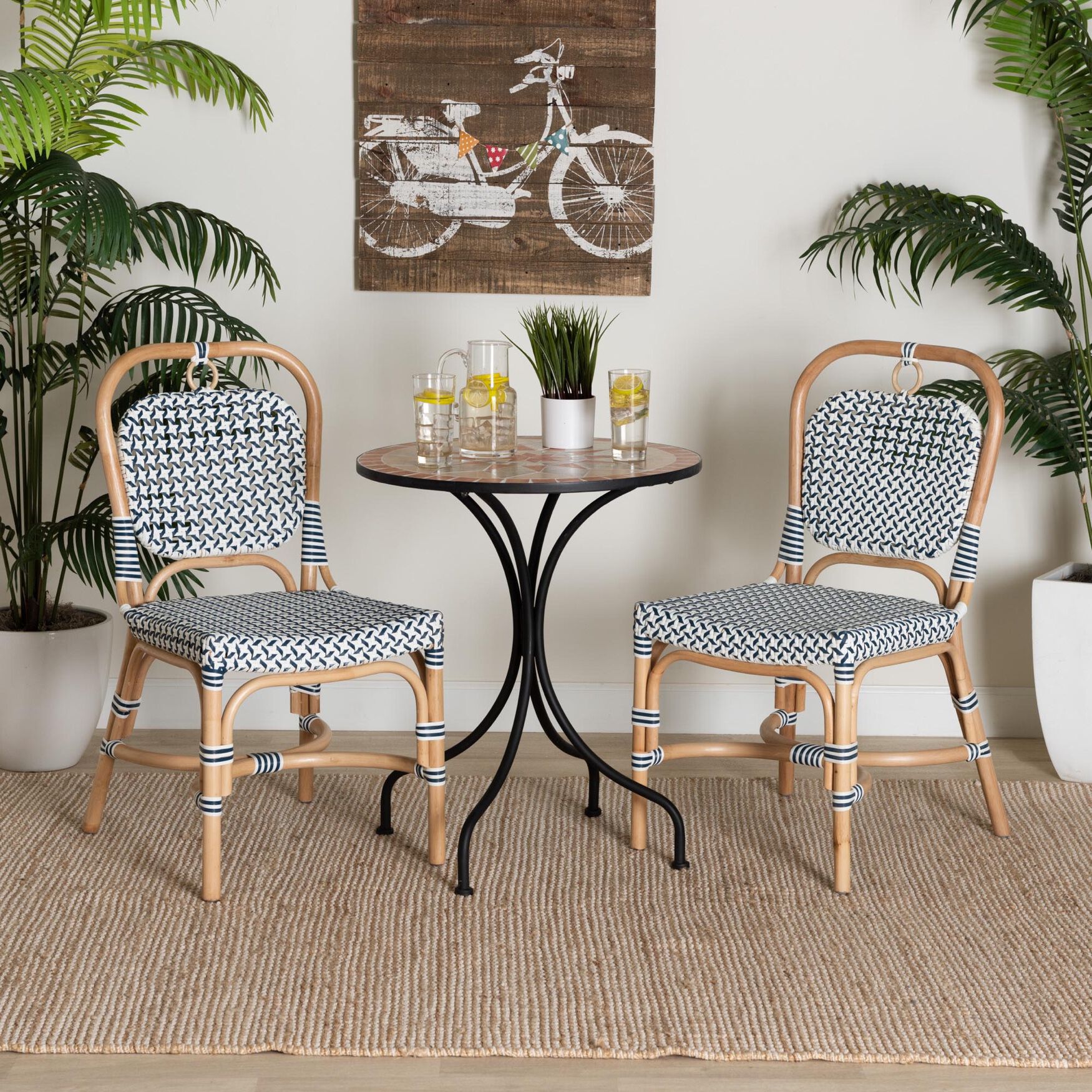Luciana Modern French Blue and White Weaving Natural Rattan Bistro Chair, , alternate image number 13