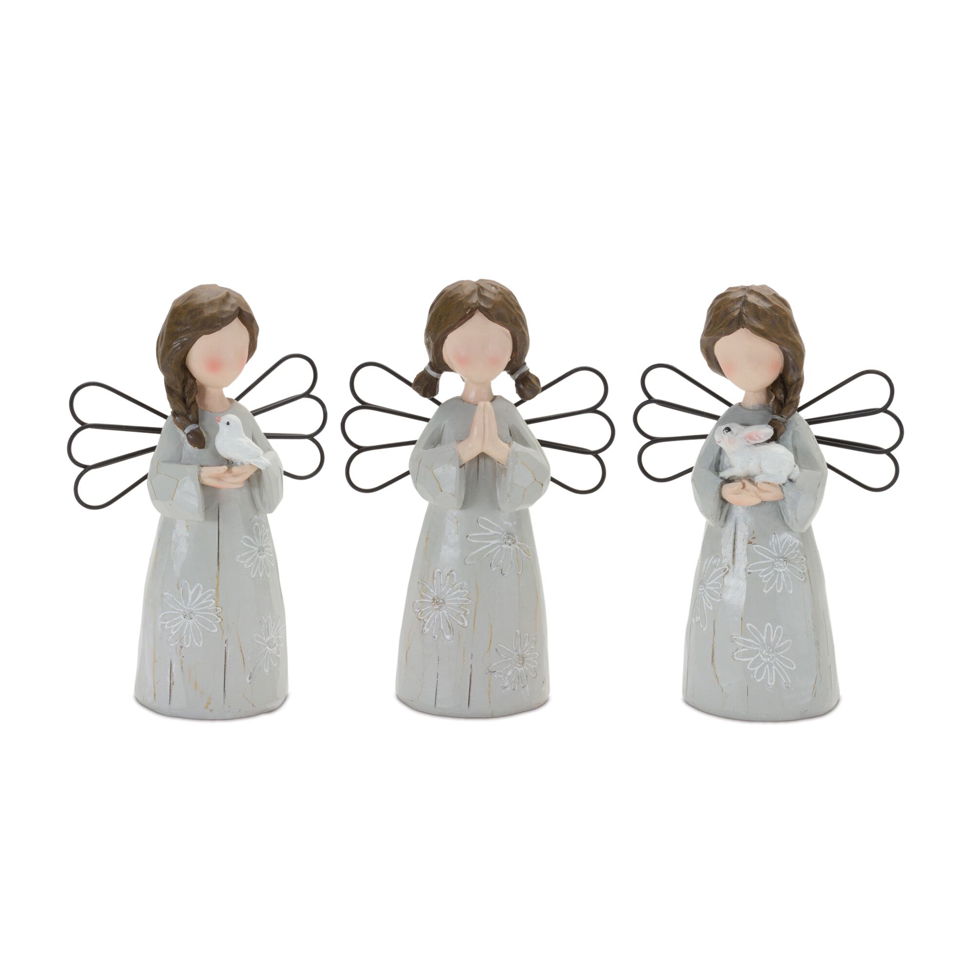Floral Etched Angel Figurine (Set of 3), GREY/BROWN, hi-res image number 0