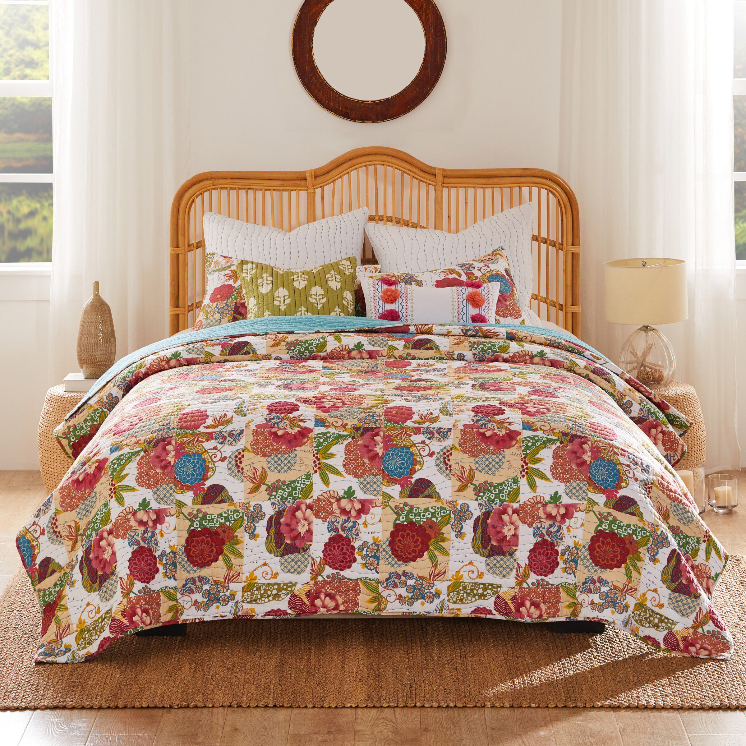Jewel Kantha Stitched Quilt Set, WHITE, alternate image number 4