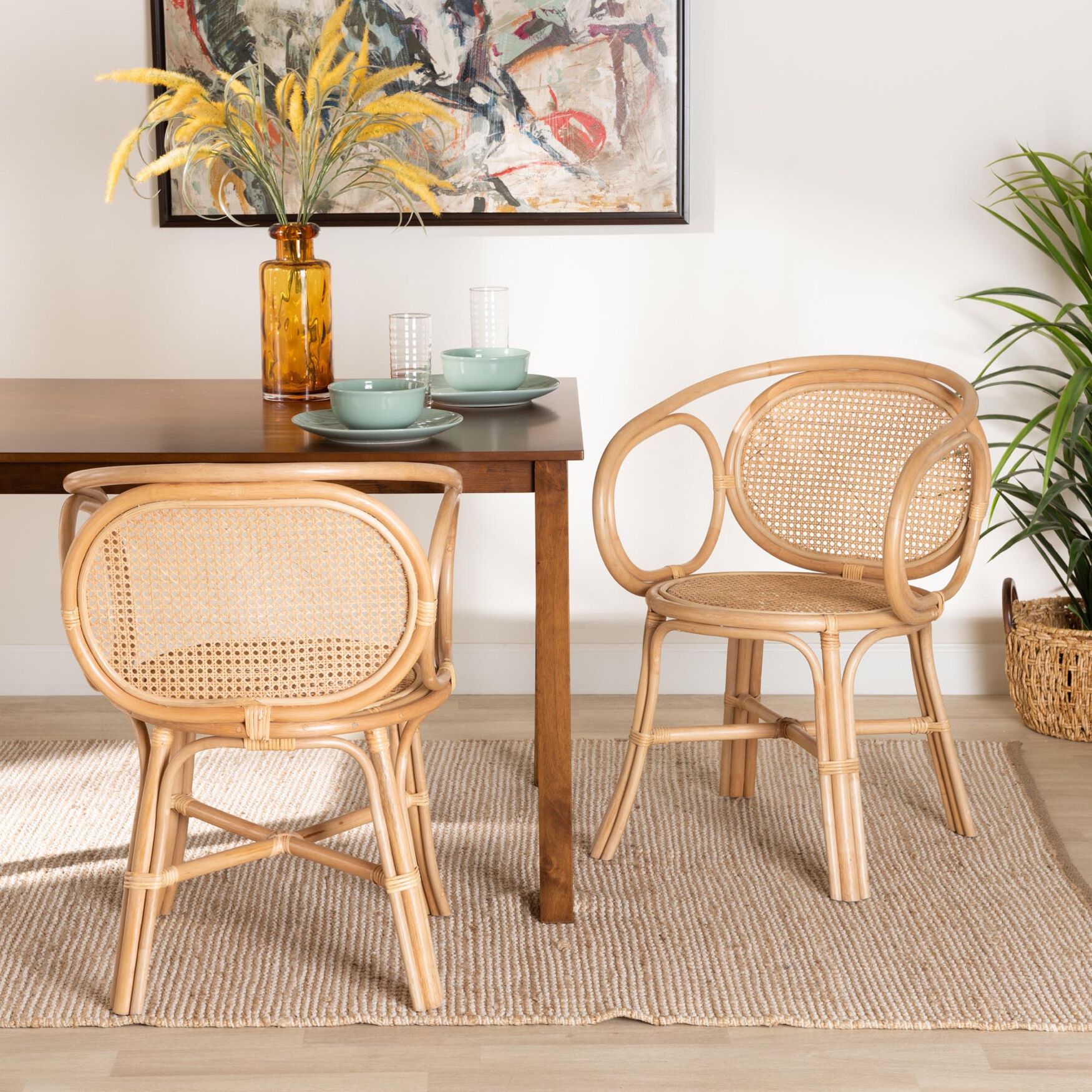 Palesa Modern Bohemian Two-Tone Black And Natural Brown Rattan Dining Chair, , alternate image number 7