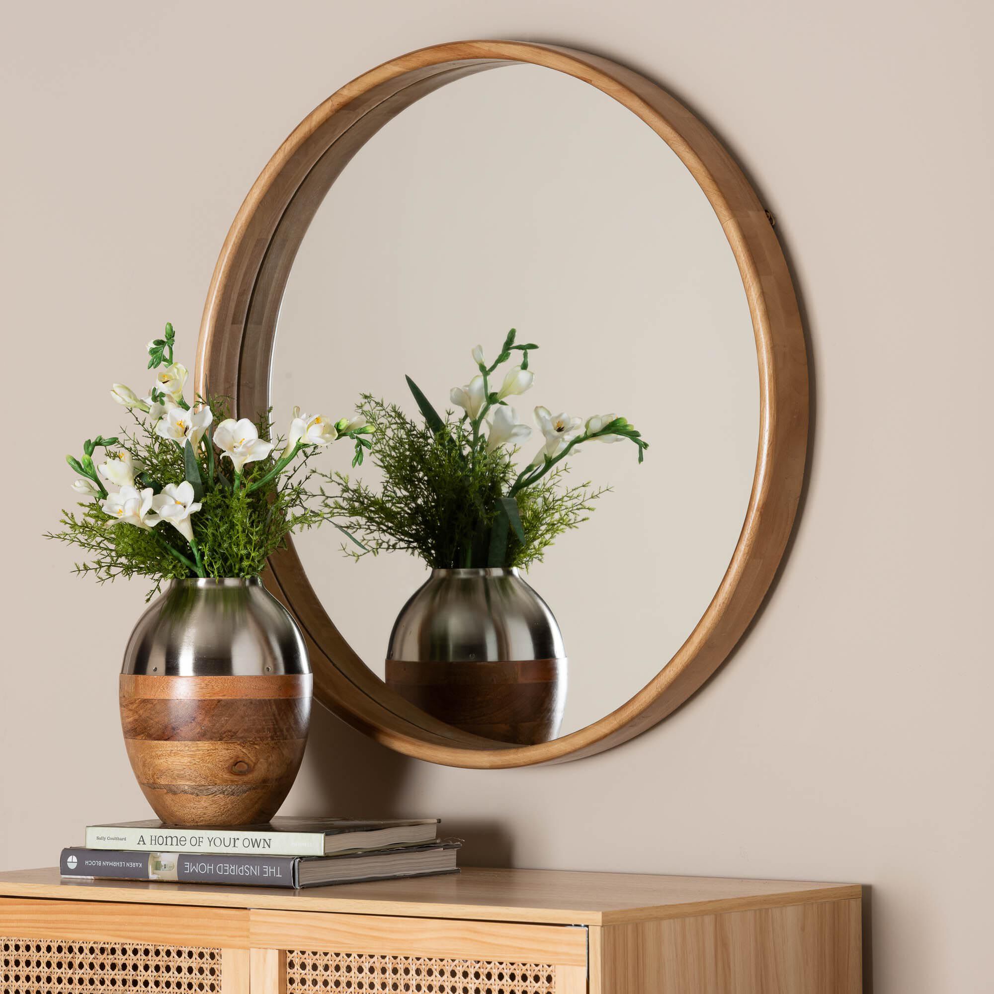 Tazara Japandi Natural Round Accent Wall Mirror, BROWN, hi-res image number 0