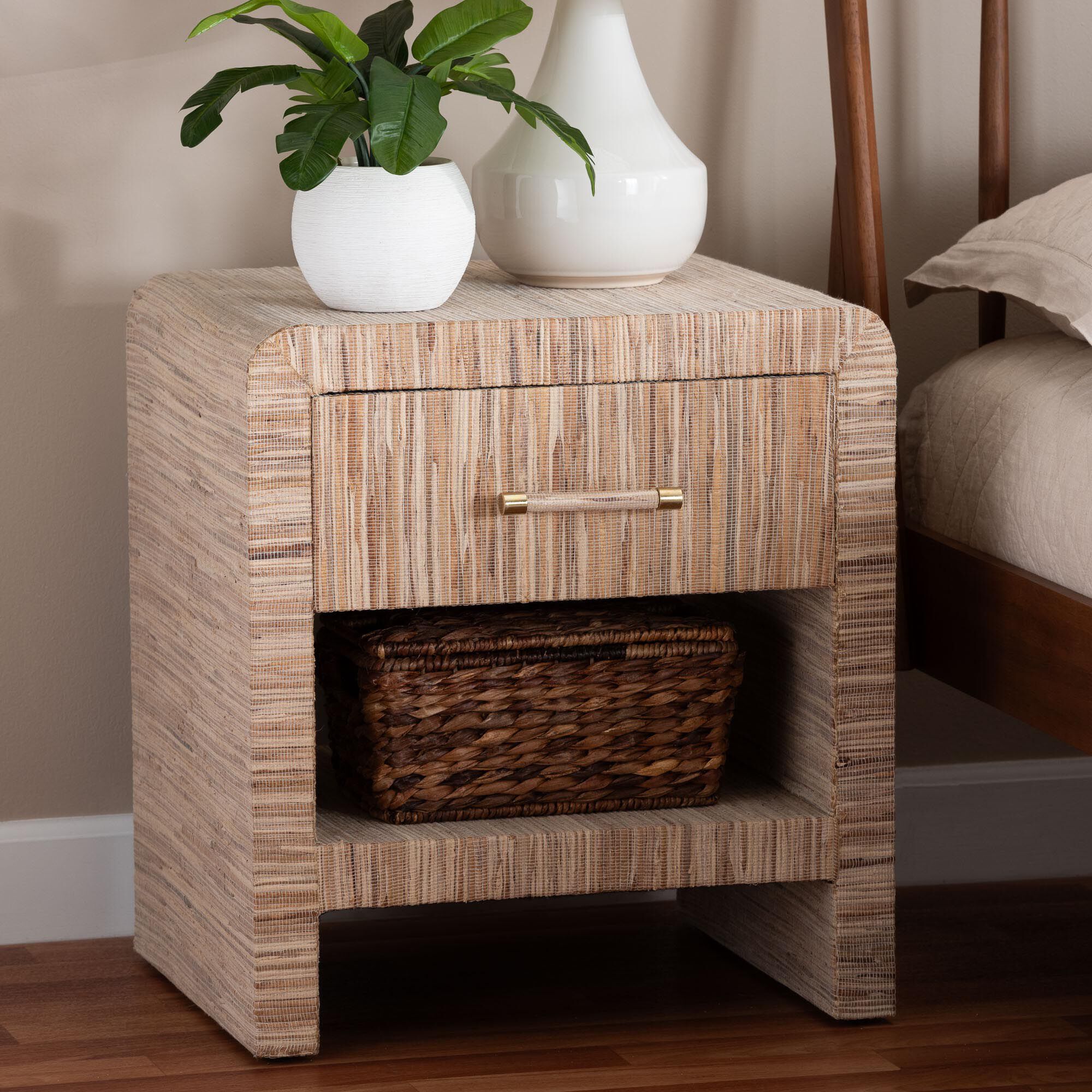 Callan Bohemian Woven Natural Grasscloth 1-Drawer Nightstand, NATURAL, hi-res image number 0