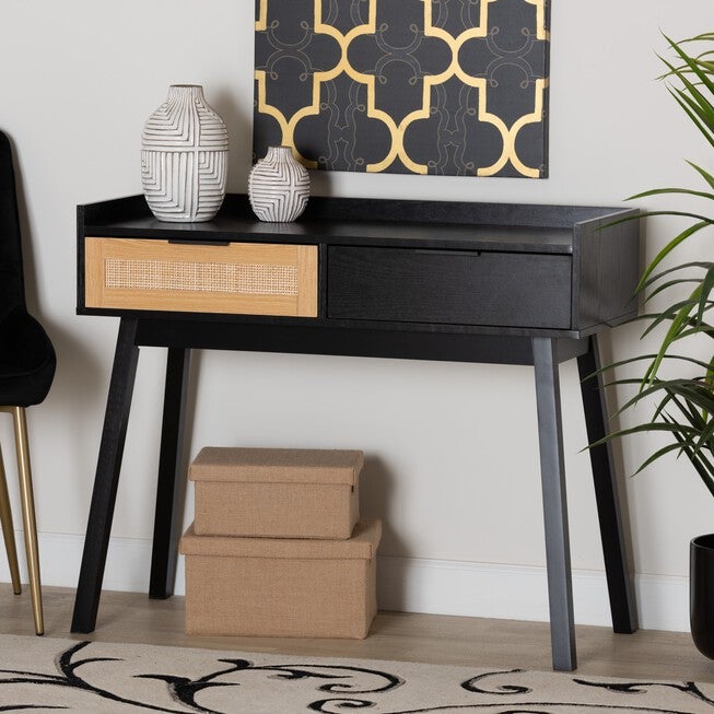 Kalani Mid-Century Modern Two-Tone Espresso Brown And Natural Brown Finished Wood 2-Drawer Console Table, , alternate image number null