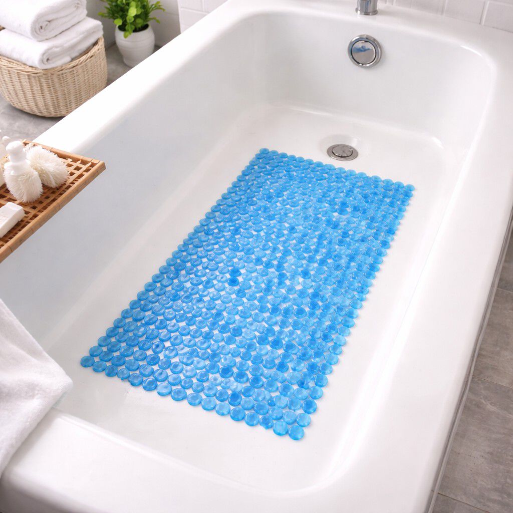 Extra Long Tub Mat With River Stones Design, BLUE, hi-res image number 0