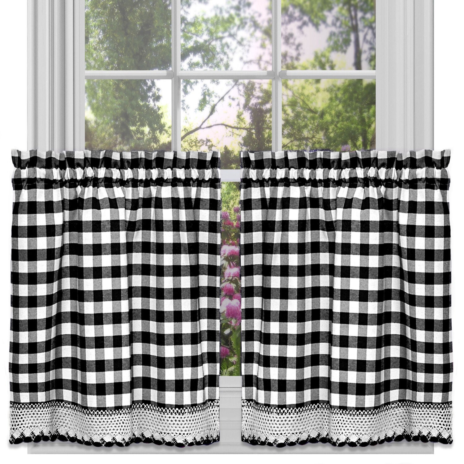 Buffalo Check Window Curtain Tier Pair - 58x36 - Navy, BLACK, alternate image number 1